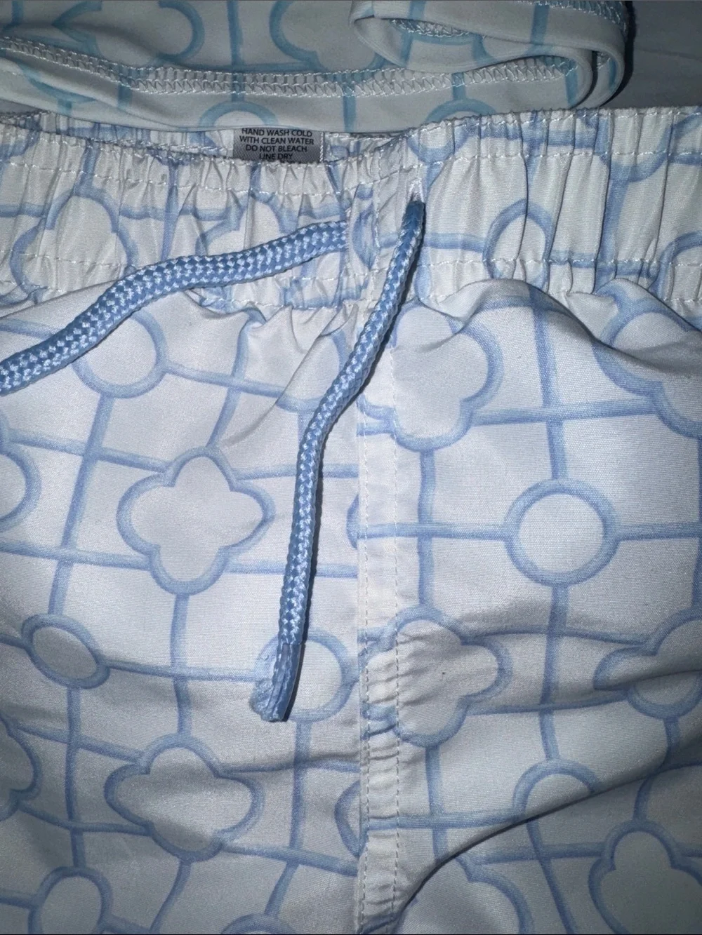 Edgehill Collection White & Baby Blue Geometric Kids Swim Trunks Set